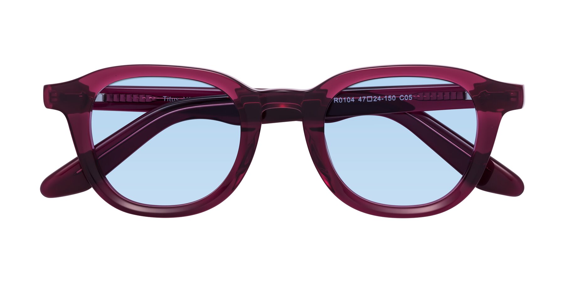 Folded Front of Titus in Wine with Light Blue Tinted Lenses