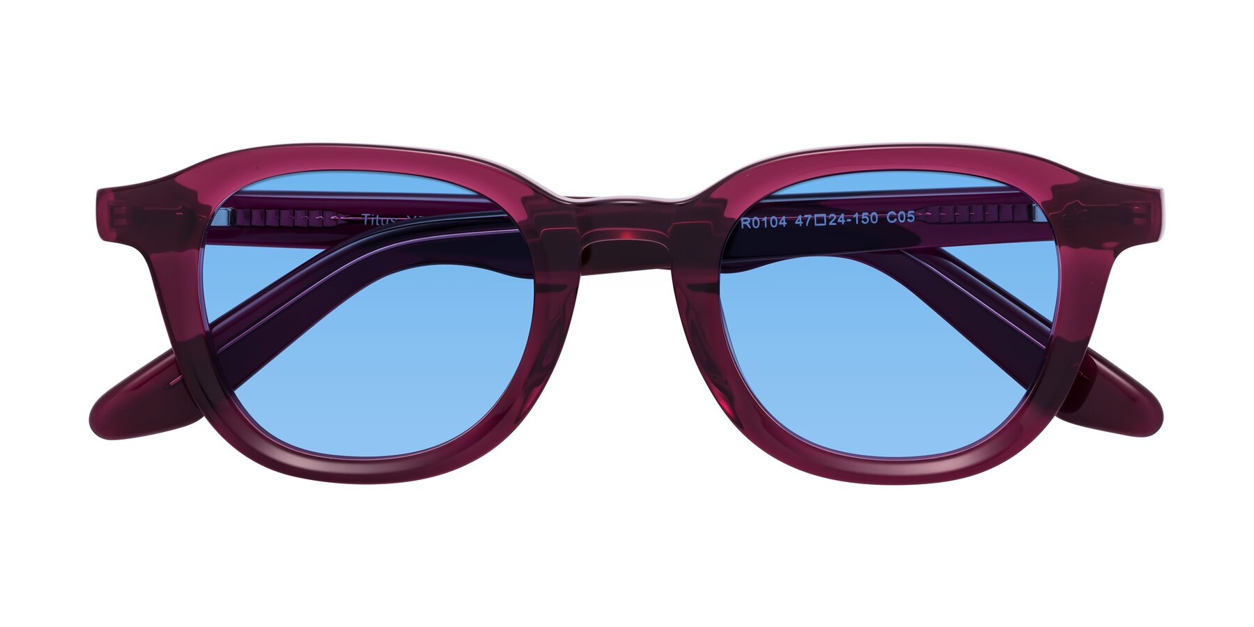 Folded Front of Titus in Wine with Medium Blue Tinted Lenses