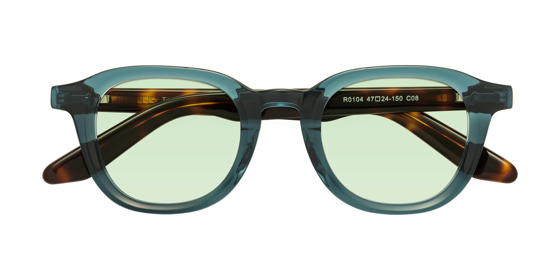 Folded Front of Titus in Peacock-Tortoise with Light Green Tinted Lenses