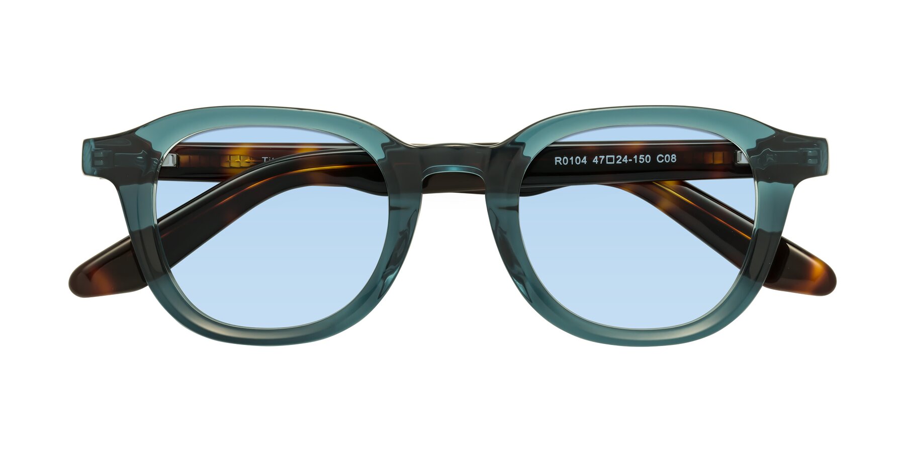 Folded Front of Titus in Peacock-Tortoise with Light Blue Tinted Lenses