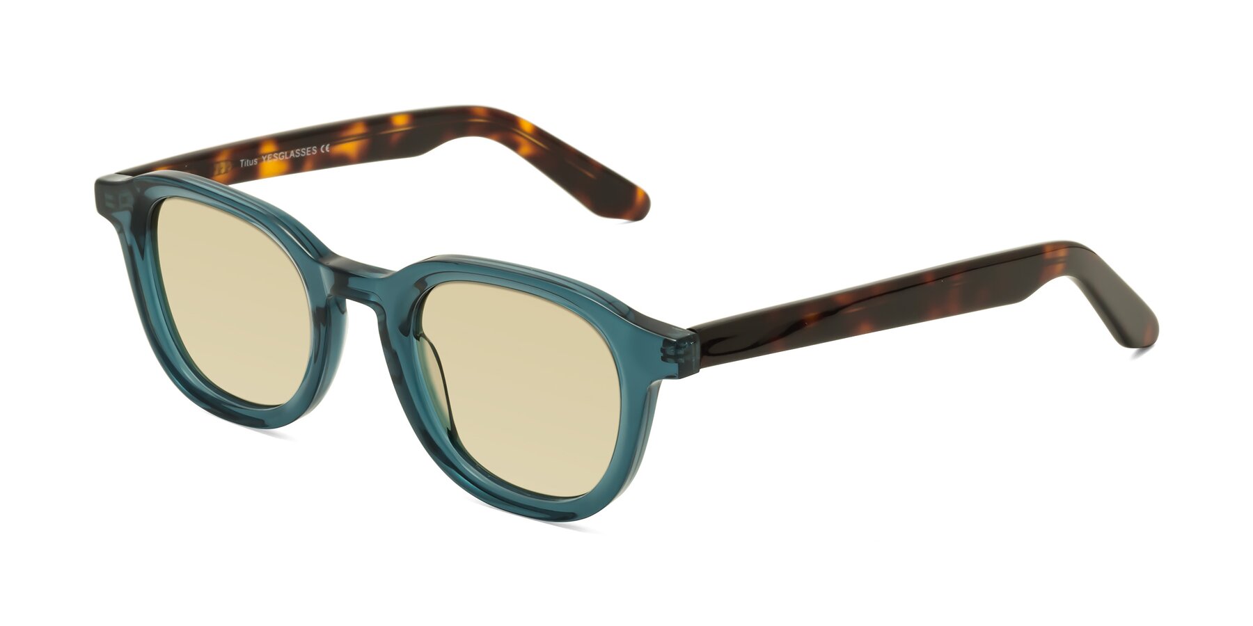 Angle of Titus in Peacock-Tortoise with Light Champagne Tinted Lenses