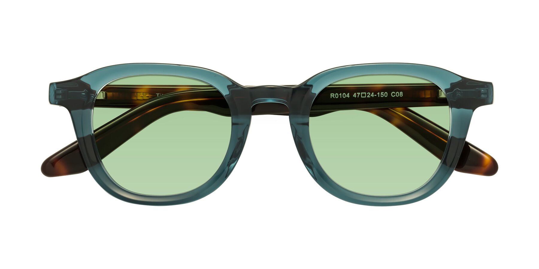 Folded Front of Titus in Peacock-Tortoise with Medium Green Tinted Lenses