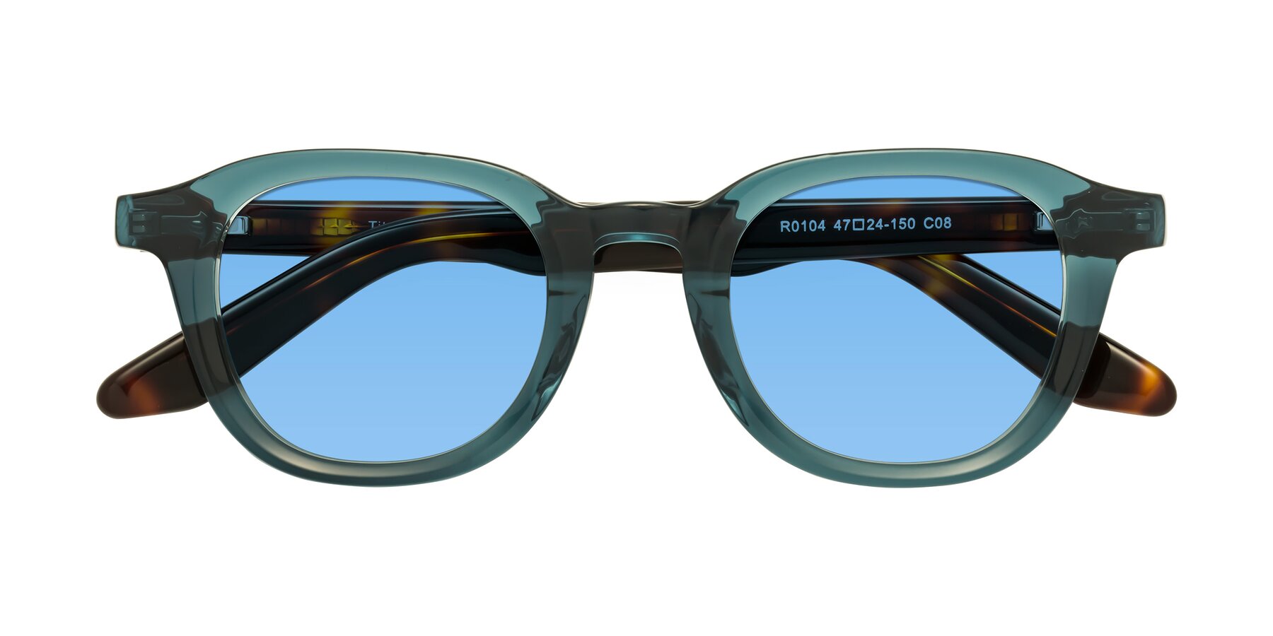 Folded Front of Titus in Peacock-Tortoise with Medium Blue Tinted Lenses