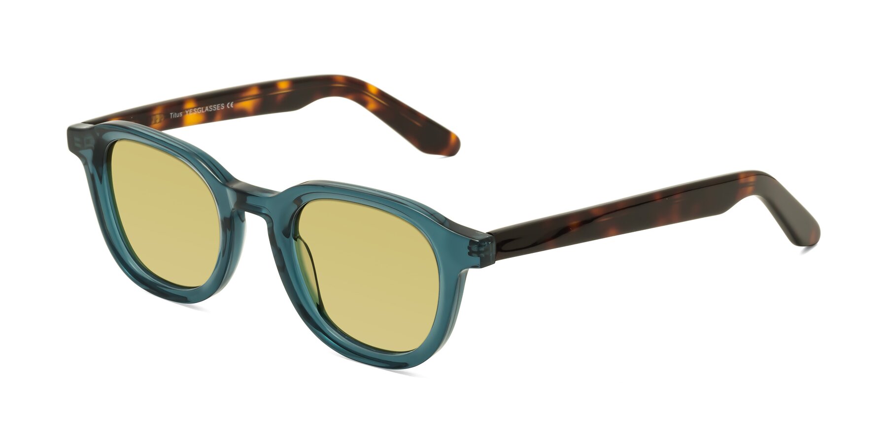 Angle of Titus in Peacock-Tortoise with Medium Champagne Tinted Lenses