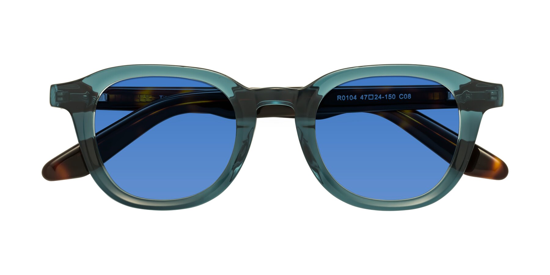 Folded Front of Titus in Peacock-Tortoise with Blue Tinted Lenses