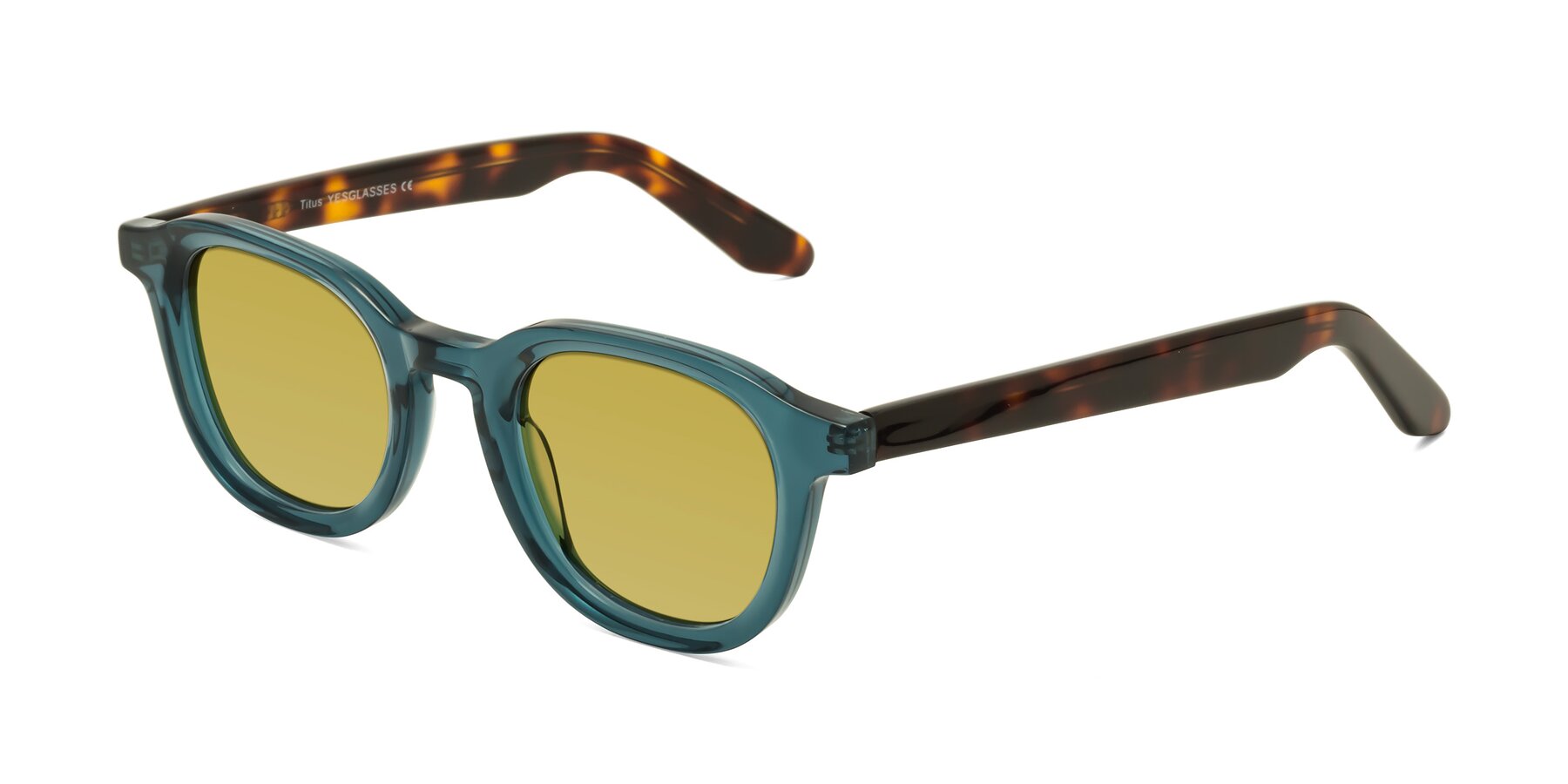 Angle of Titus in Peacock-Tortoise with Champagne Tinted Lenses