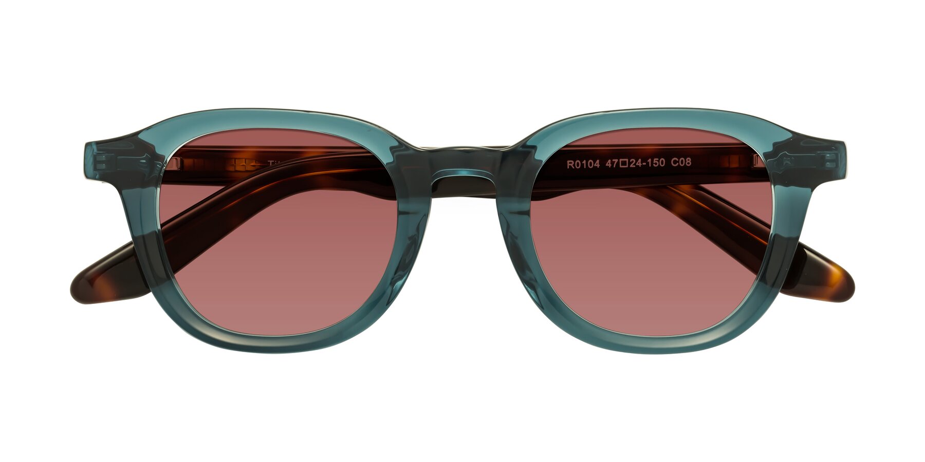 Folded Front of Titus in Peacock-Tortoise with Garnet Tinted Lenses