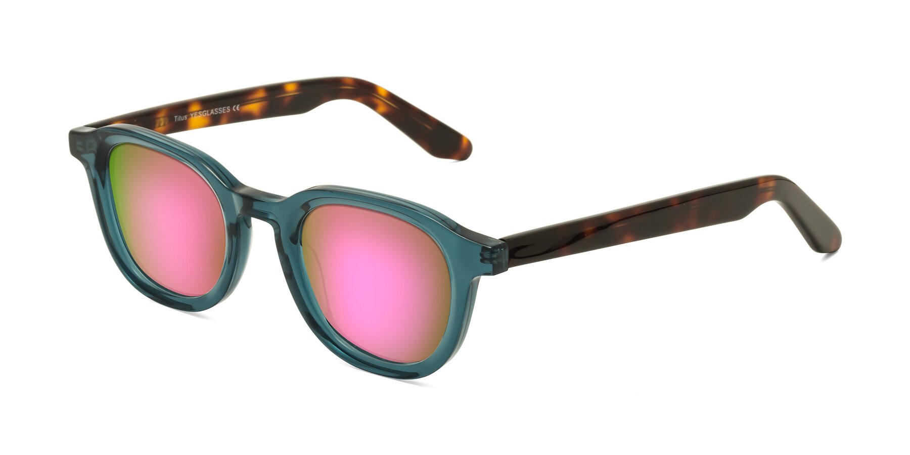 Angle of Titus in Peacock-Tortoise with Pink Mirrored Lenses