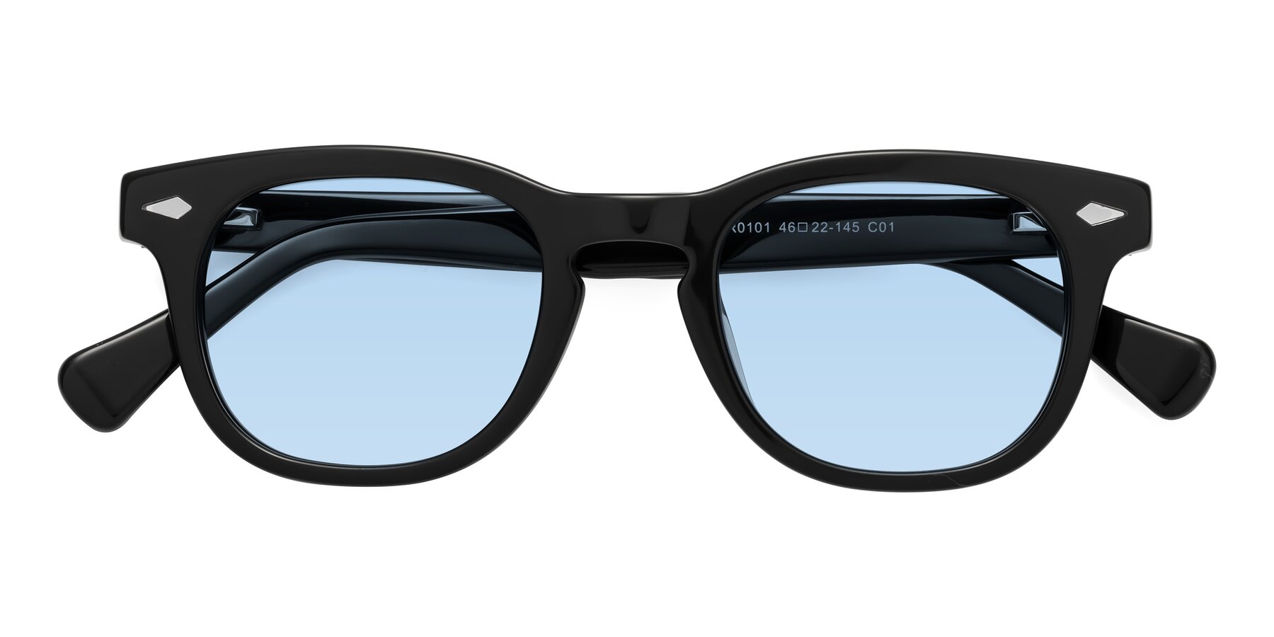 Folded Front of Tanna in Black with Light Blue Tinted Lenses