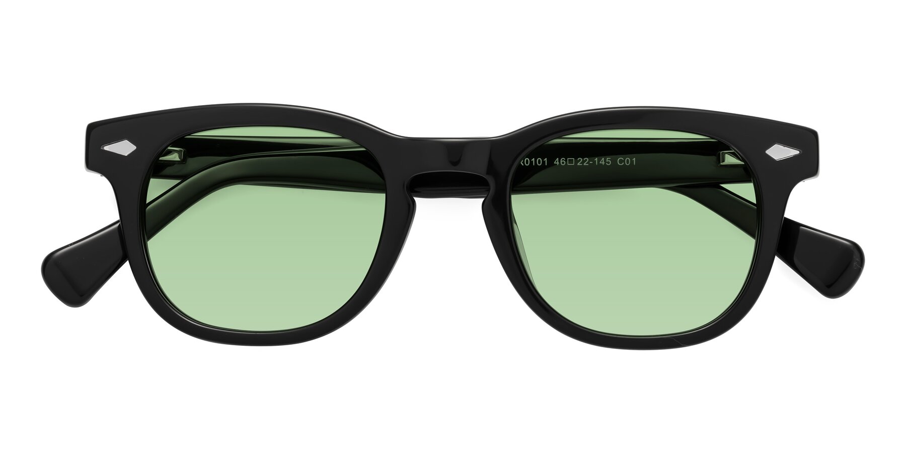 Folded Front of Tanna in Black with Medium Green Tinted Lenses