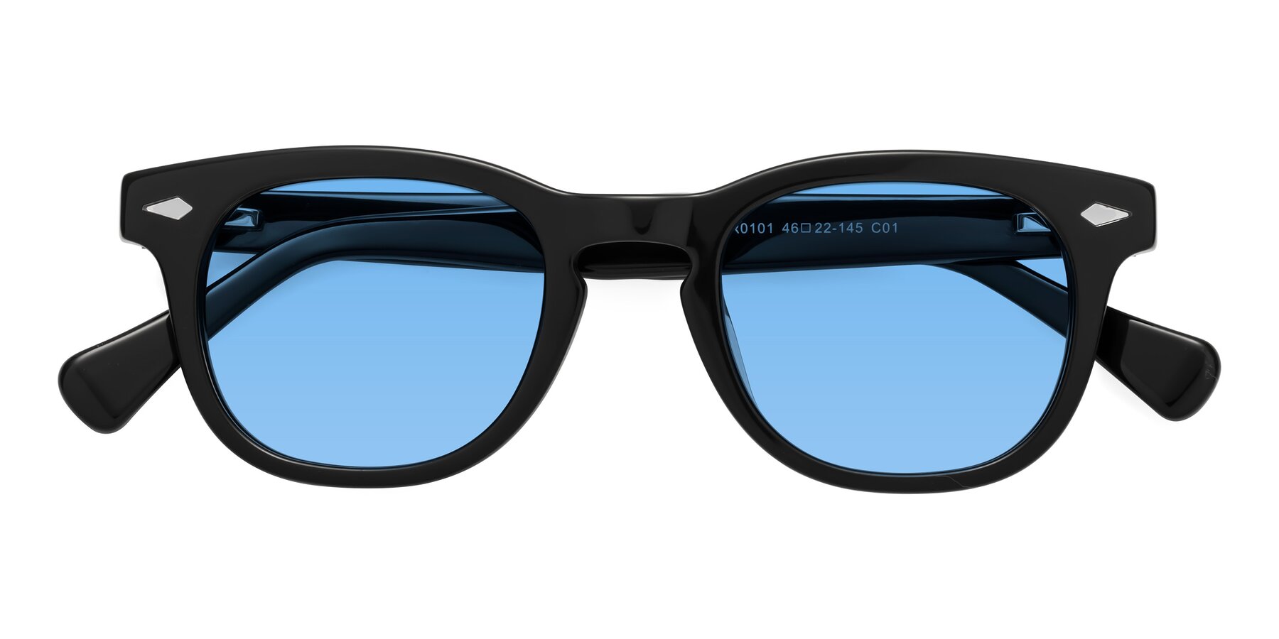 Folded Front of Tanna in Black with Medium Blue Tinted Lenses