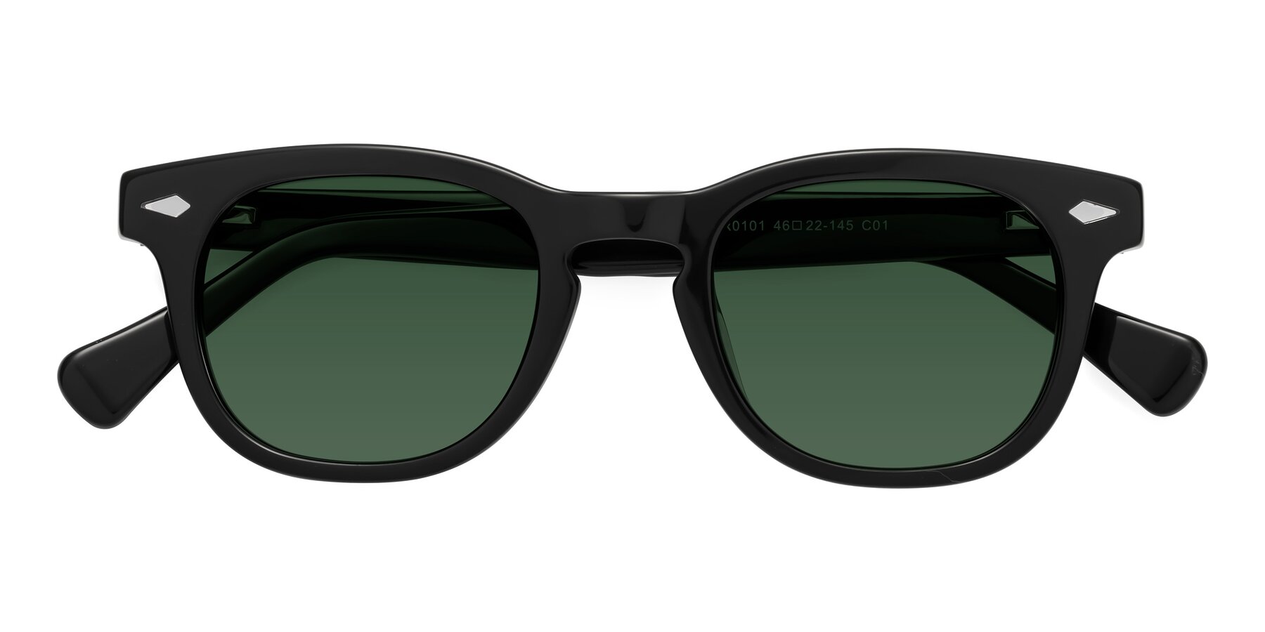 Folded Front of Tanna in Black with Green Tinted Lenses