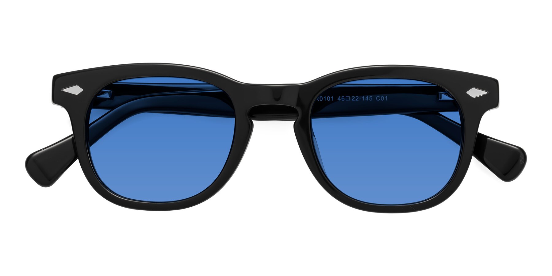 Folded Front of Tanna in Black with Blue Tinted Lenses