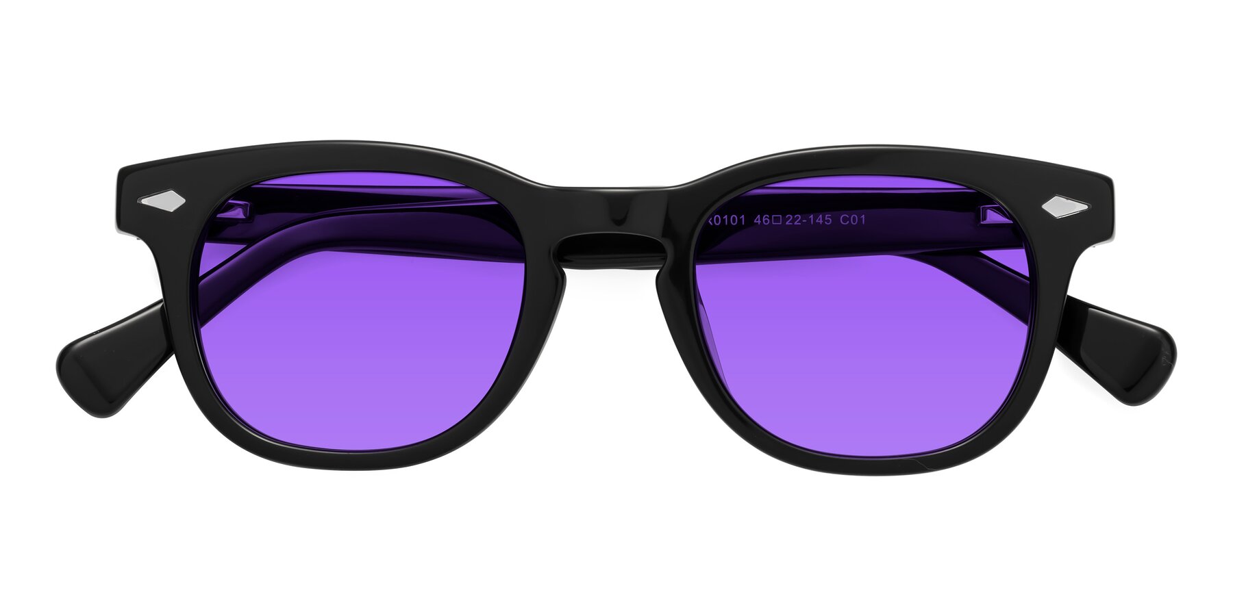 Folded Front of Tanna in Black with Purple Tinted Lenses