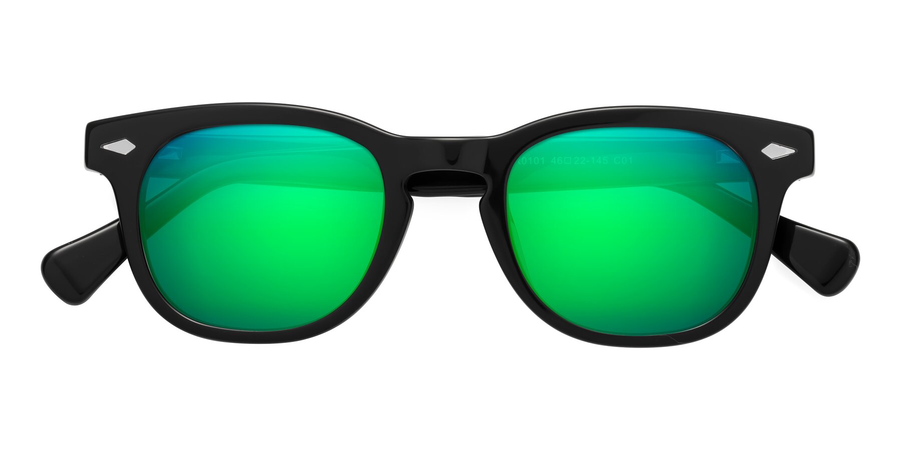 Folded Front of Tanna in Black with Green Mirrored Lenses