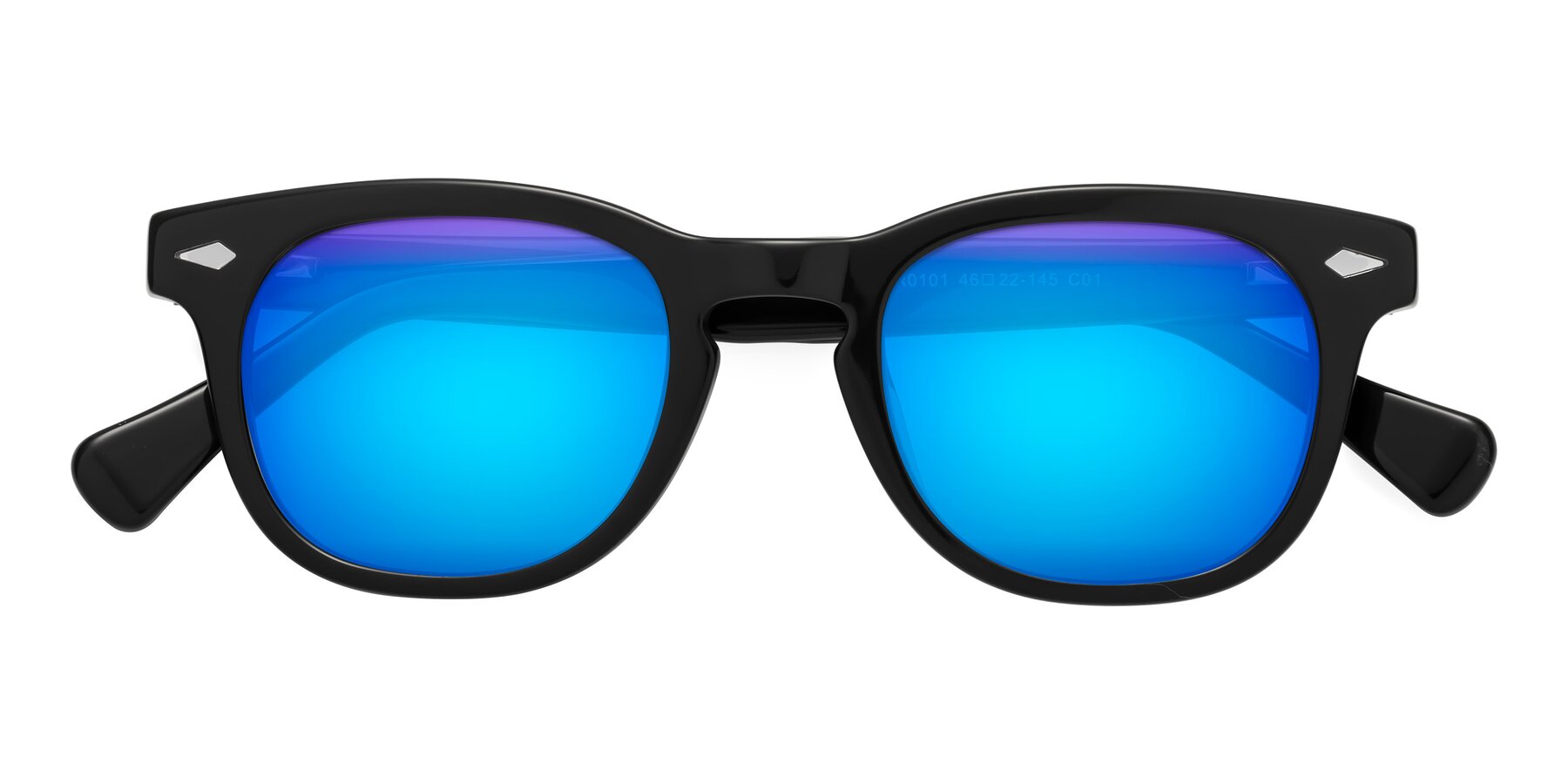 Folded Front of Tanna in Black with Blue Mirrored Lenses