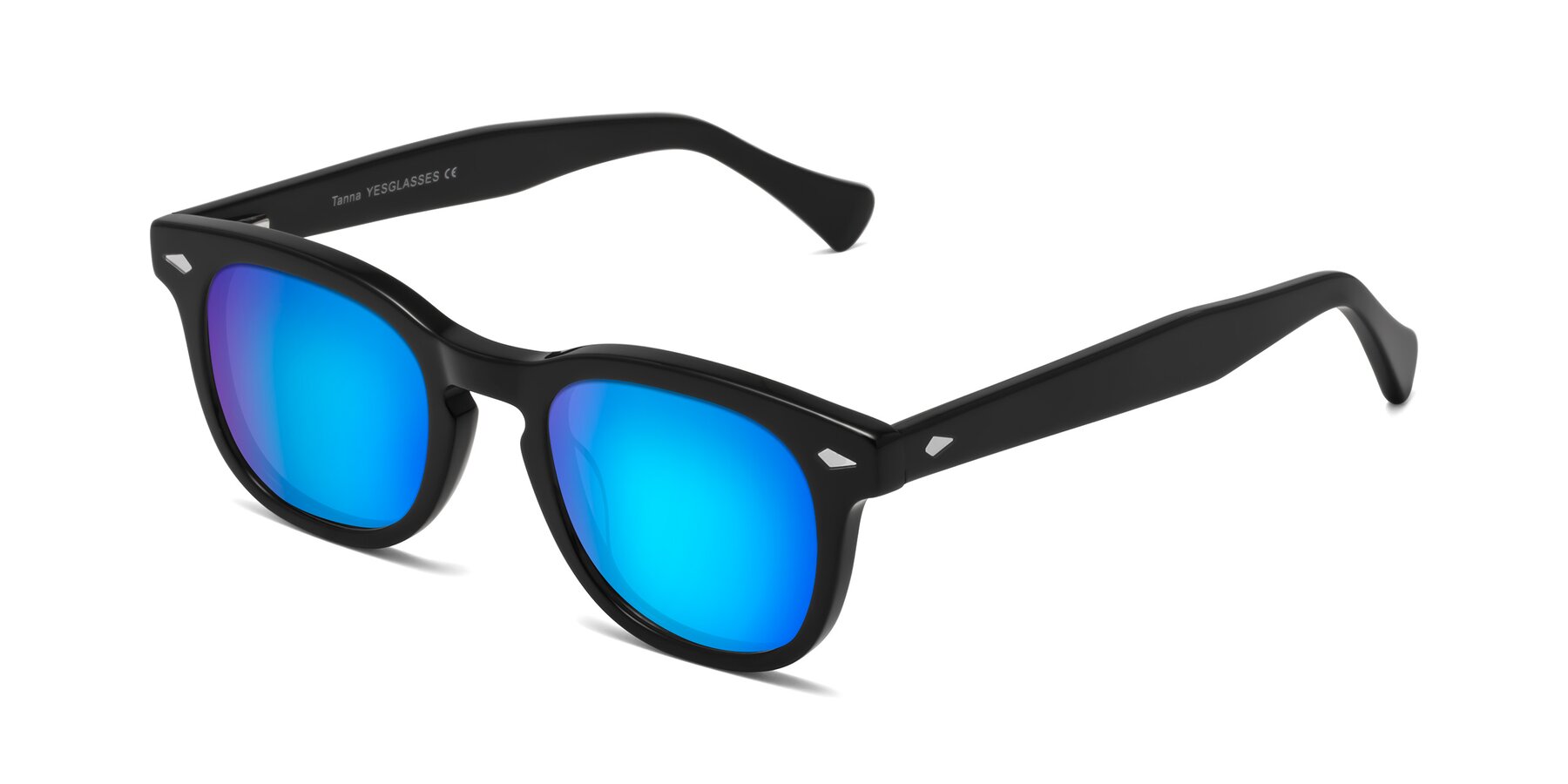 Angle of Tanna in Black with Blue Mirrored Lenses