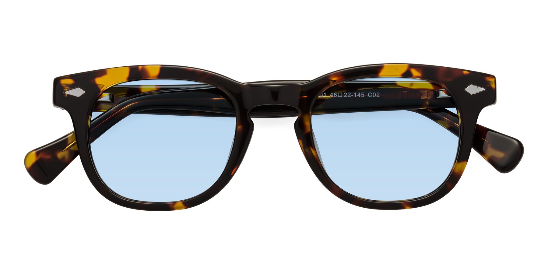 Folded Front of Tanna in Tortoise with Light Blue Tinted Lenses