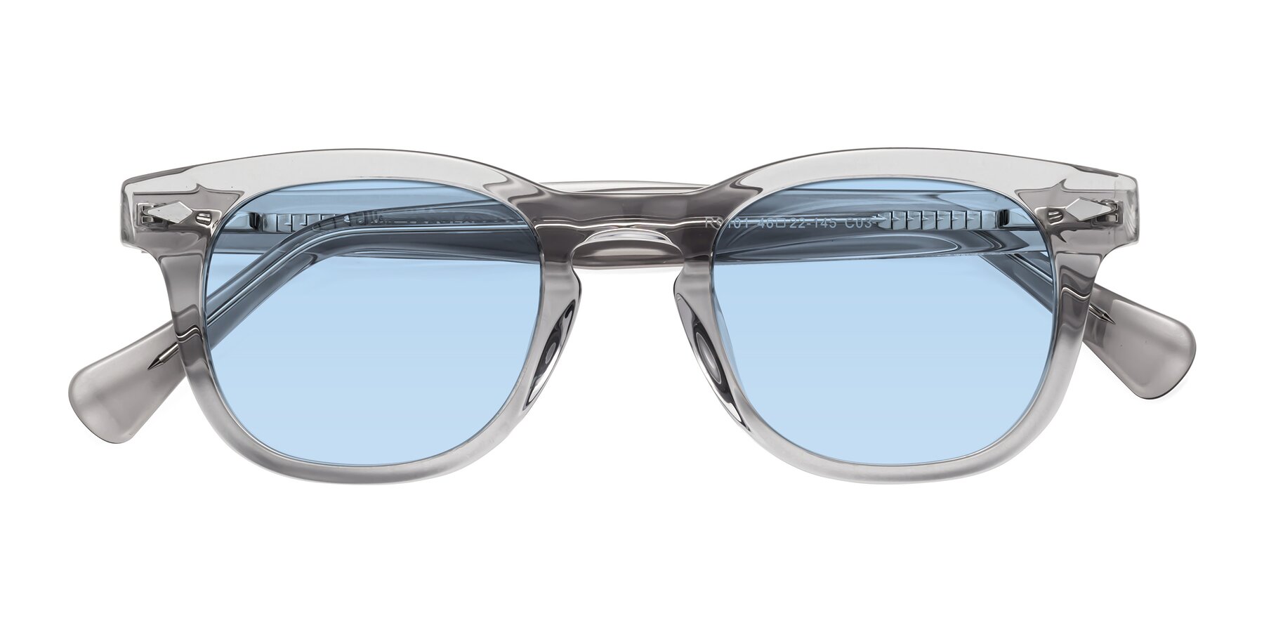 Folded Front of Tanna in Transparent Gray with Light Blue Tinted Lenses