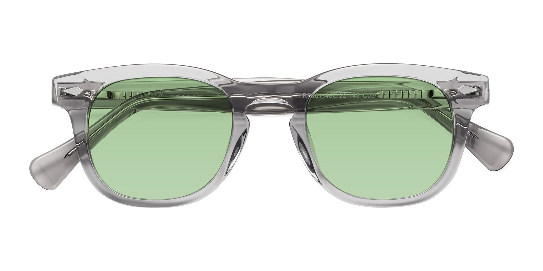 Folded Front of Tanna in Transparent Gray with Medium Green Tinted Lenses
