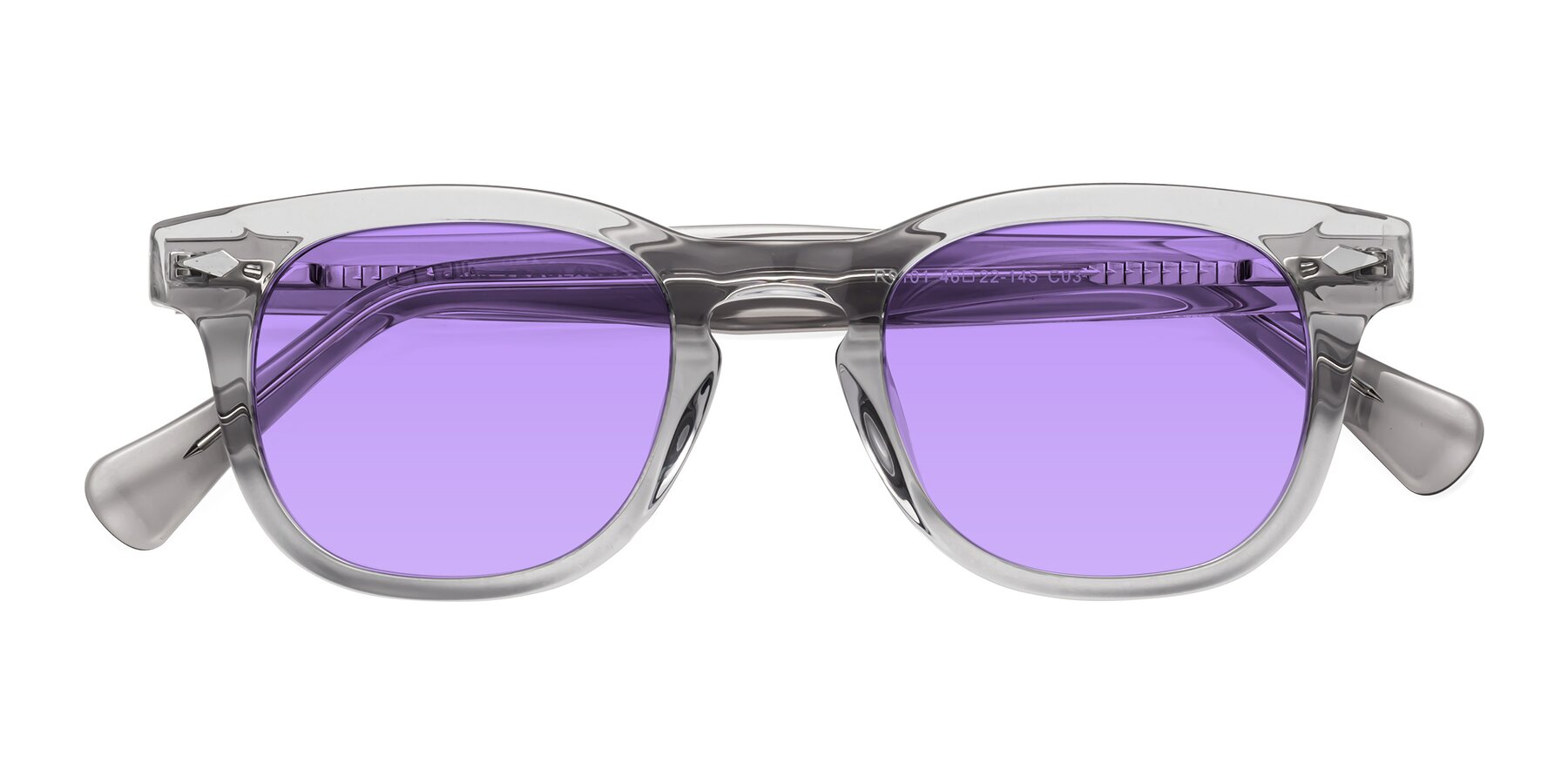 Folded Front of Tanna in Transparent Gray with Medium Purple Tinted Lenses