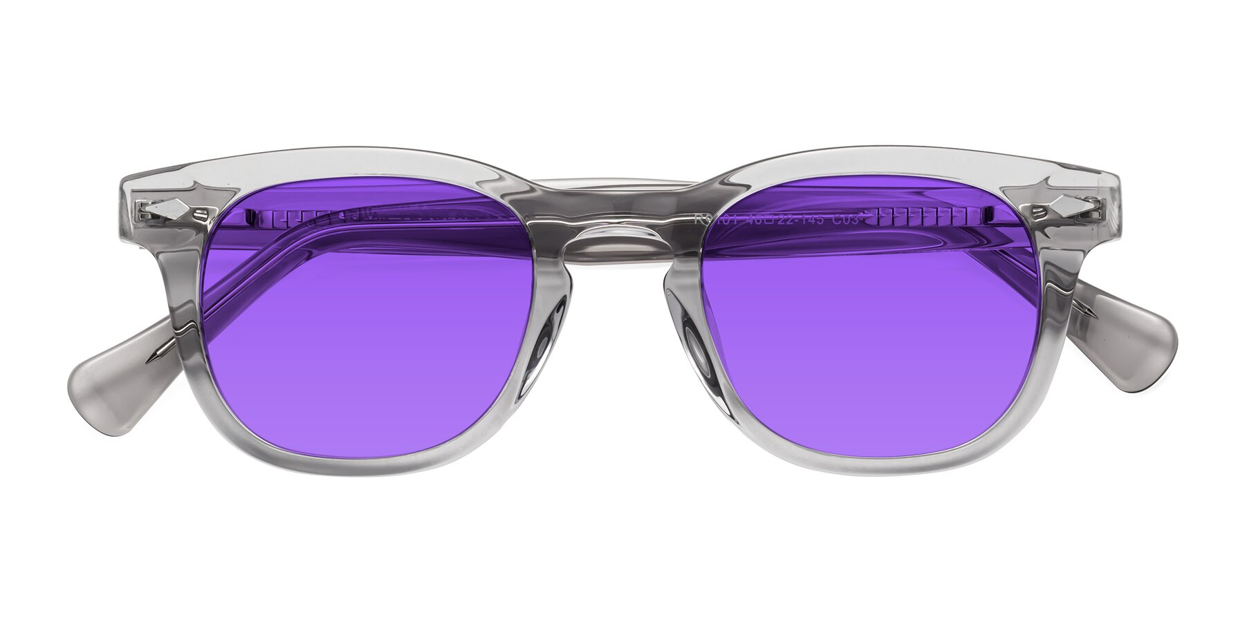 Folded Front of Tanna in Transparent Gray with Purple Tinted Lenses