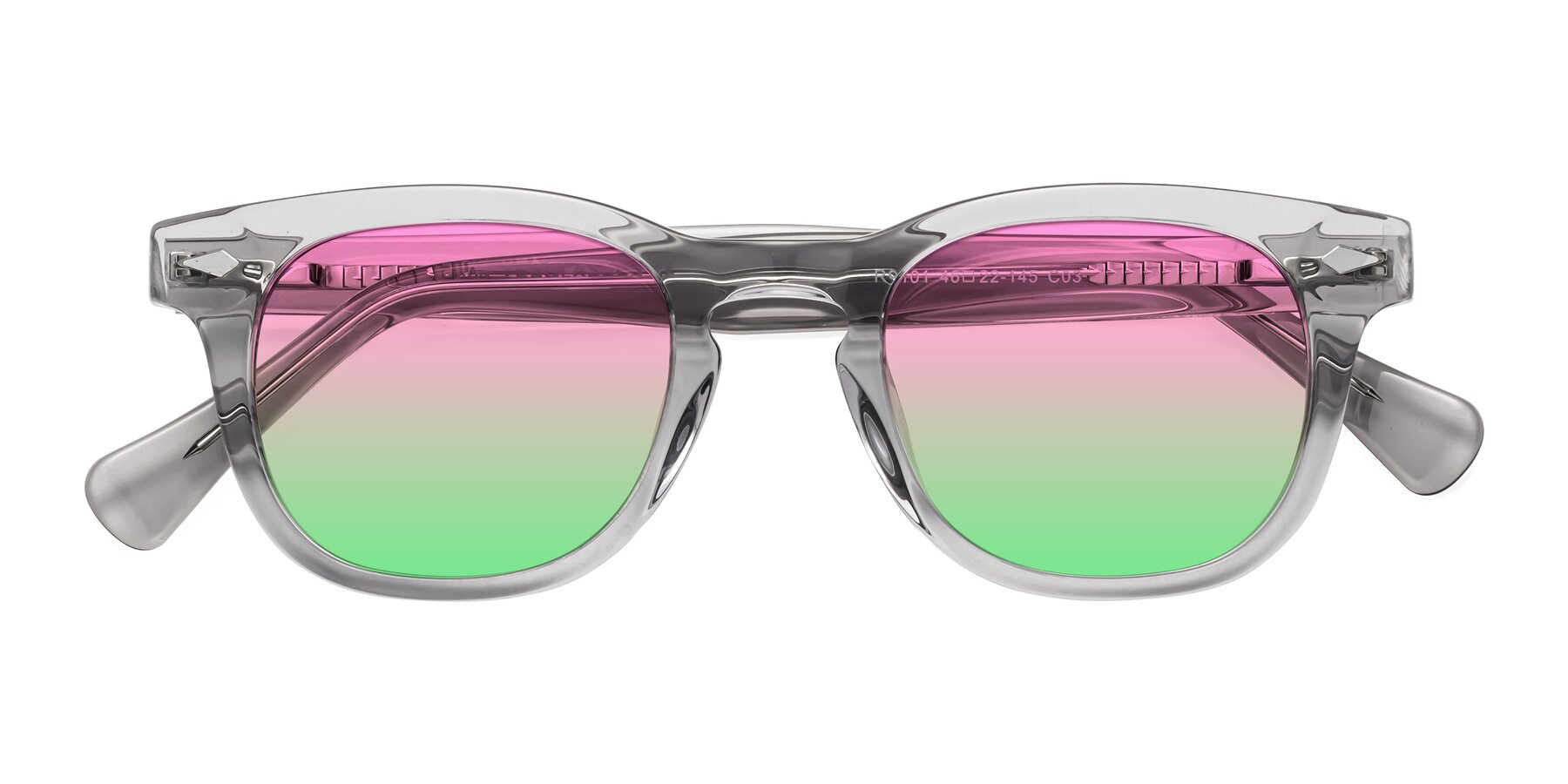 Folded Front of Tanna in Transparent Gray with Pink / Green Gradient Lenses