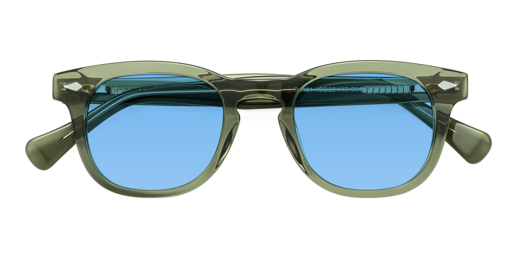Folded Front of Tanna in Grayish Green with Medium Blue Tinted Lenses