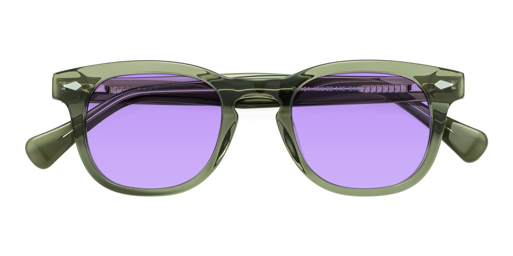 Folded Front of Tanna in Grayish Green with Medium Purple Tinted Lenses