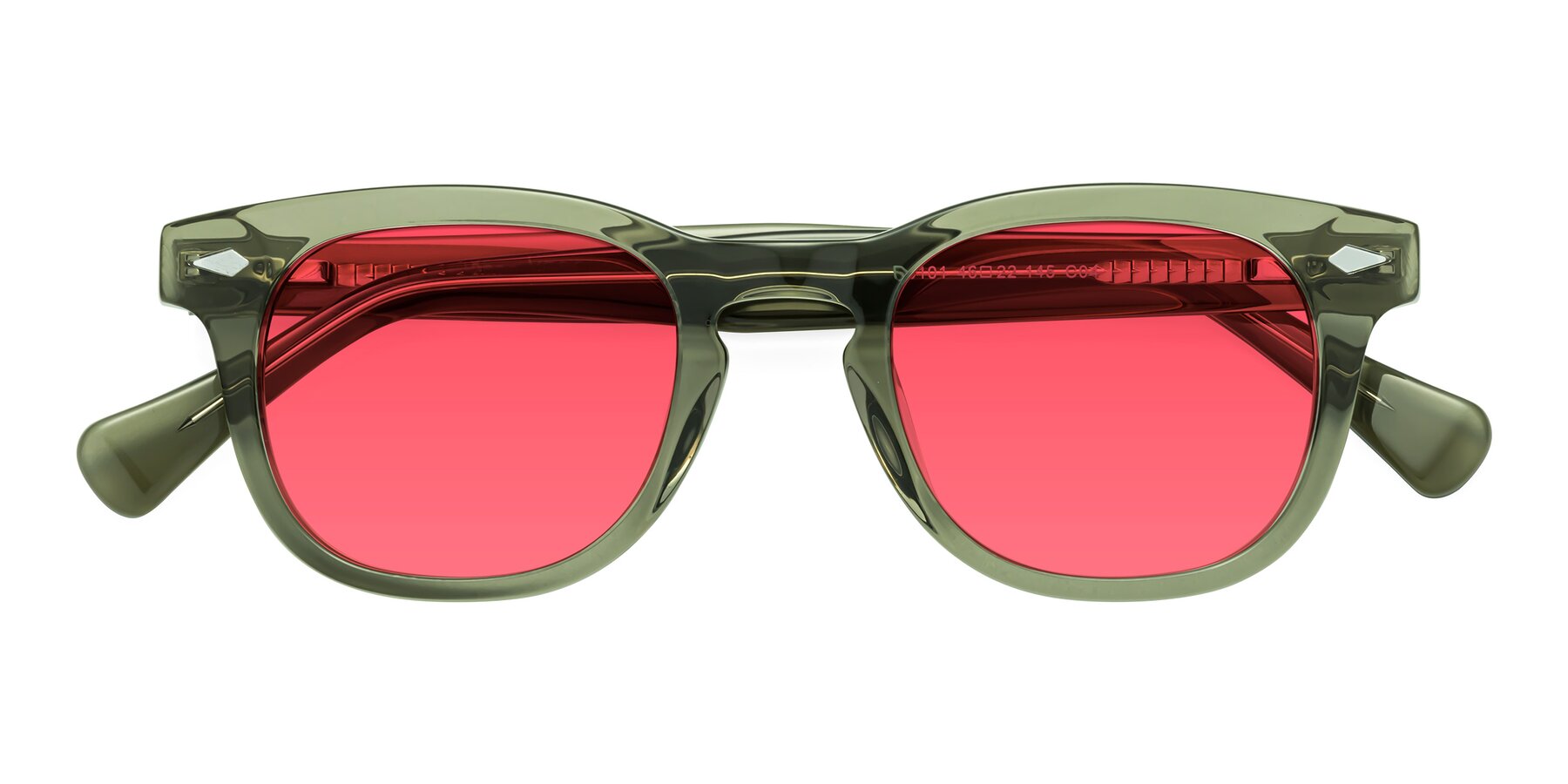Folded Front of Tanna in Grayish Green with Red Tinted Lenses