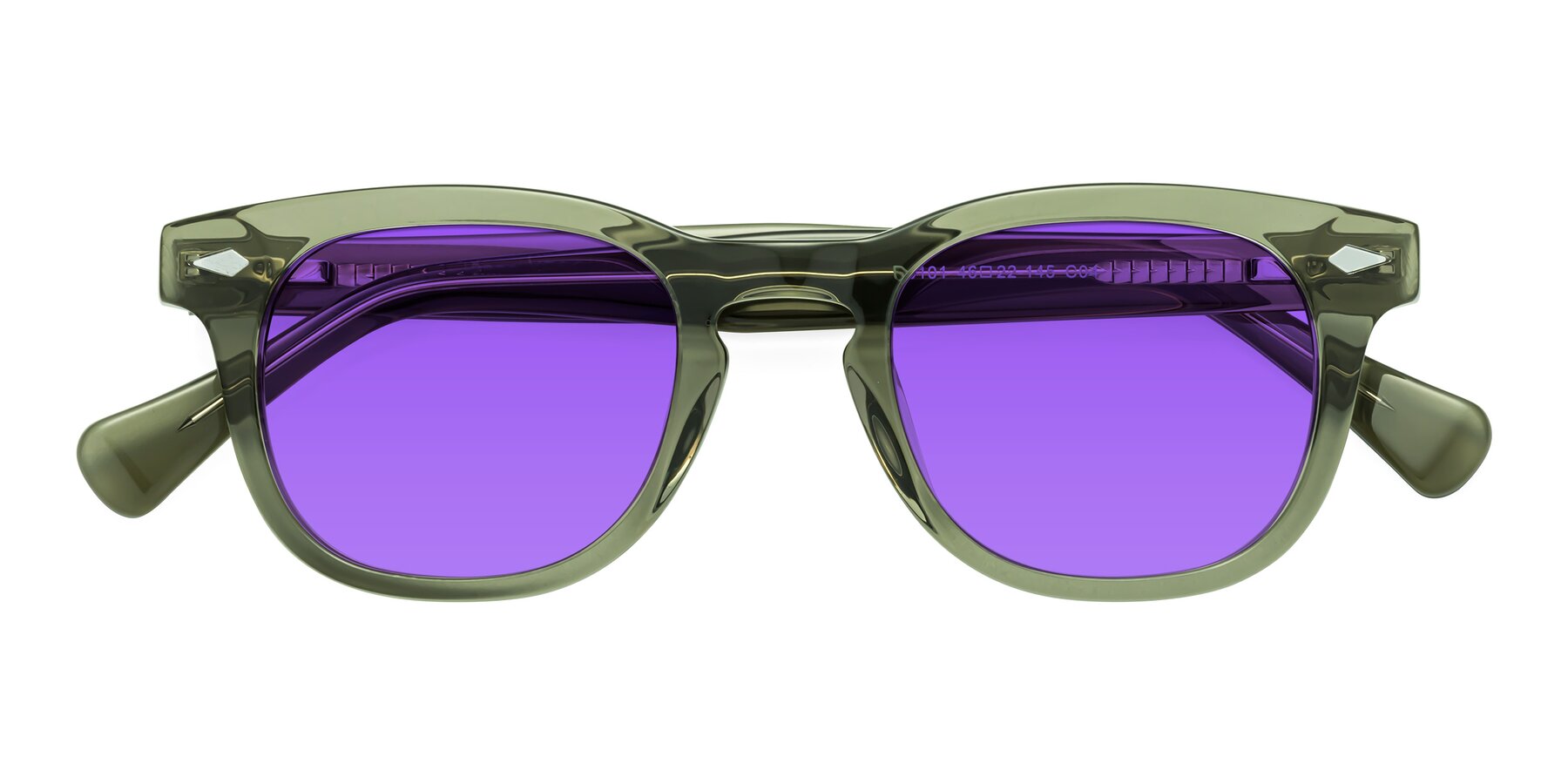 Folded Front of Tanna in Grayish Green with Purple Tinted Lenses