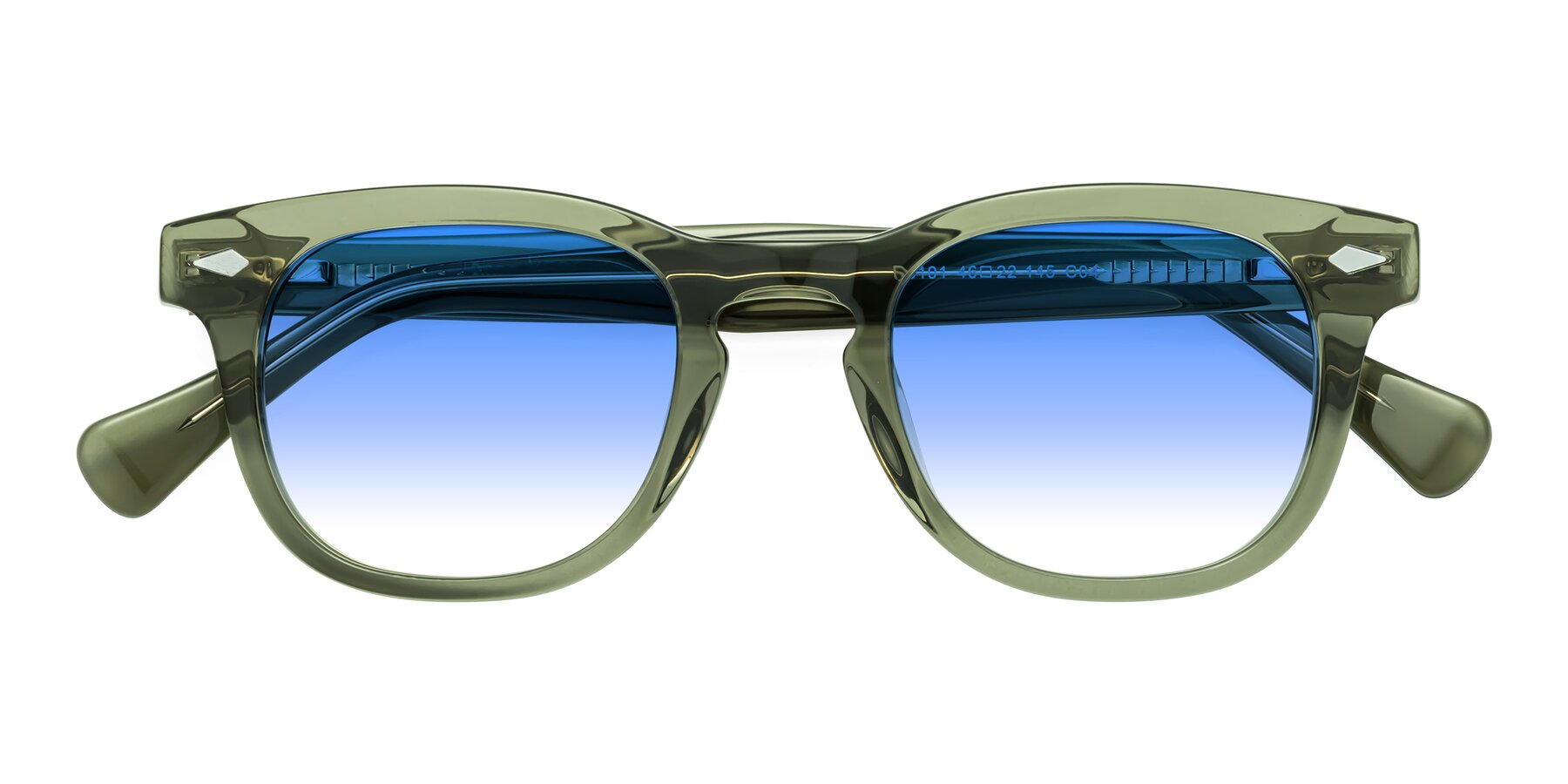 Folded Front of Tanna in Grayish Green with Blue Gradient Lenses