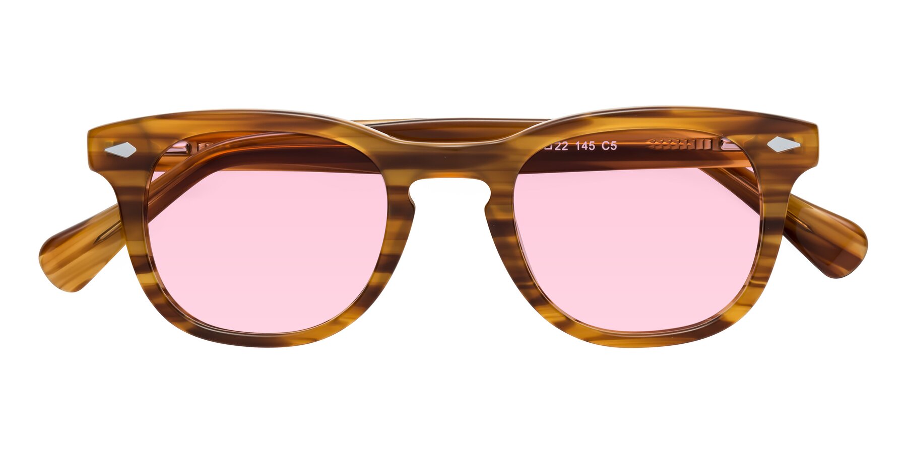 Folded Front of Tanna in Amber Striped with Light Pink Tinted Lenses