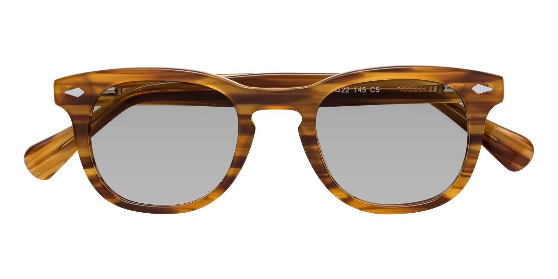 Folded Front of Tanna in Amber Striped with Light Gray Tinted Lenses