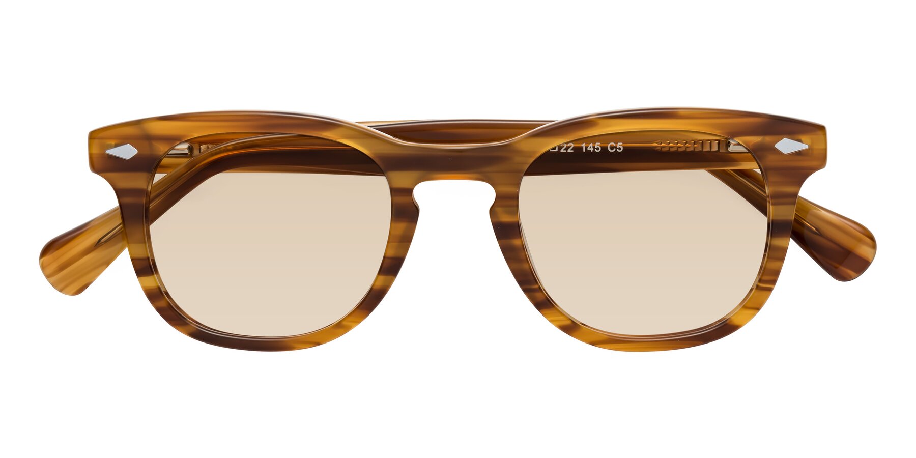 Folded Front of Tanna in Amber Striped with Light Brown Tinted Lenses