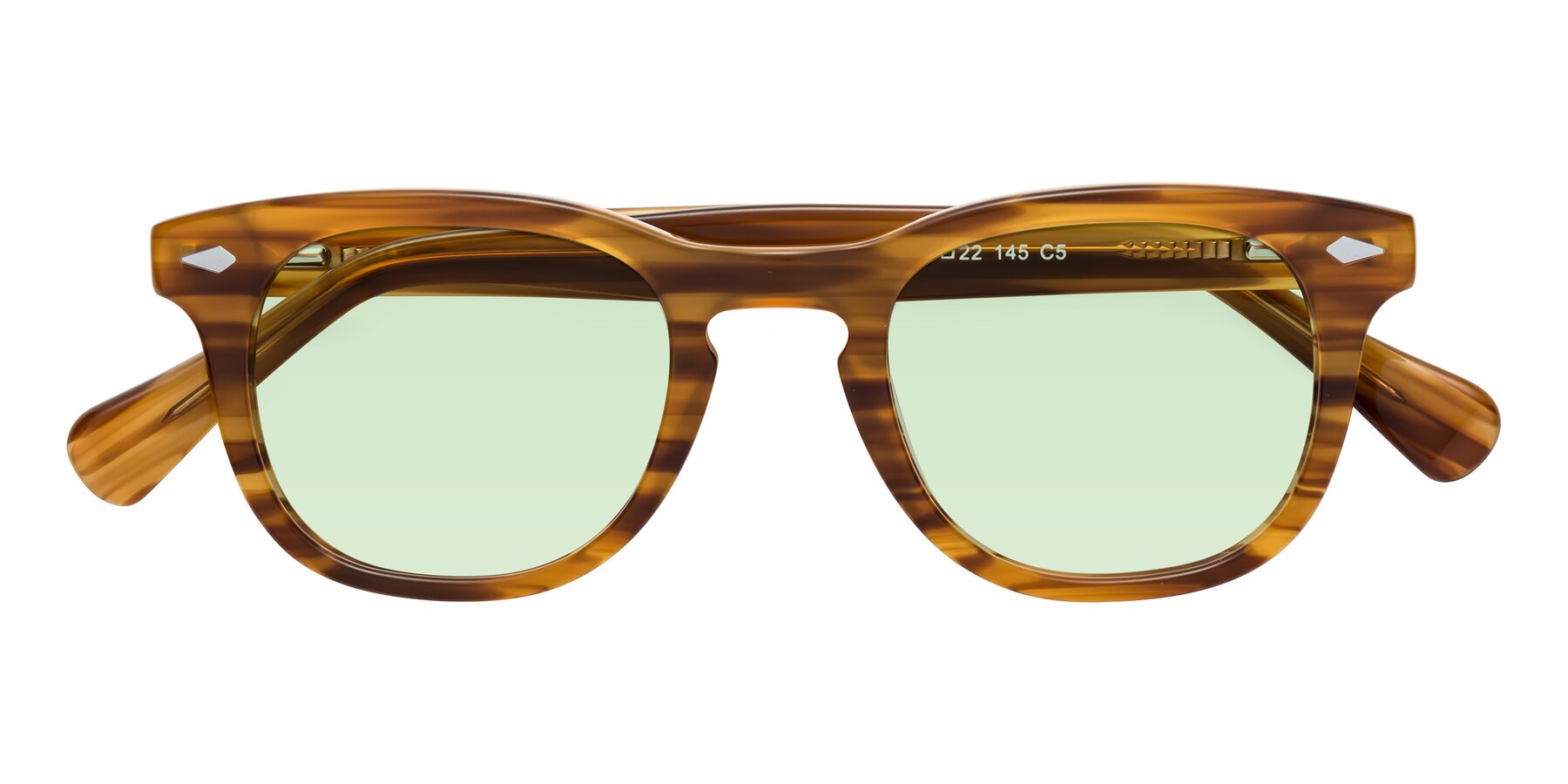 Folded Front of Tanna in Amber Striped with Light Green Tinted Lenses