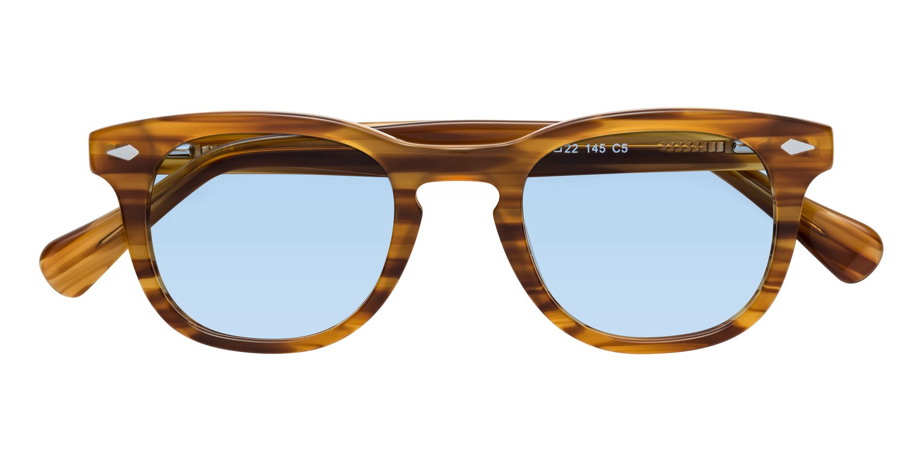 Folded Front of Tanna in Amber Striped with Light Blue Tinted Lenses