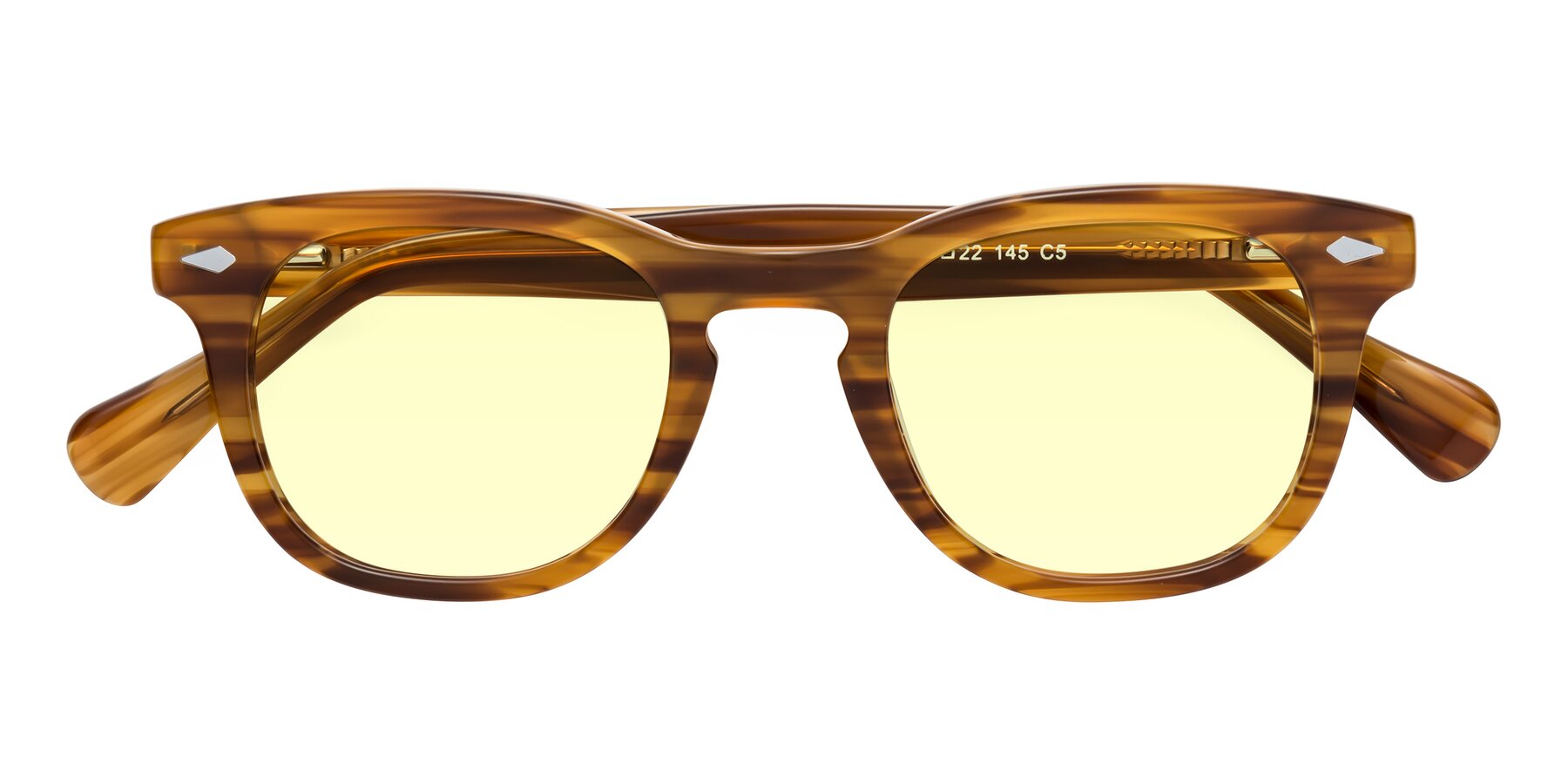 Folded Front of Tanna in Amber Striped with Light Yellow Tinted Lenses