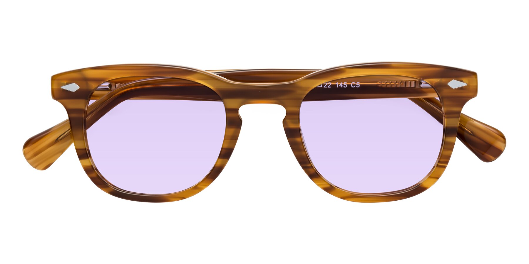 Folded Front of Tanna in Amber Striped with Light Purple Tinted Lenses