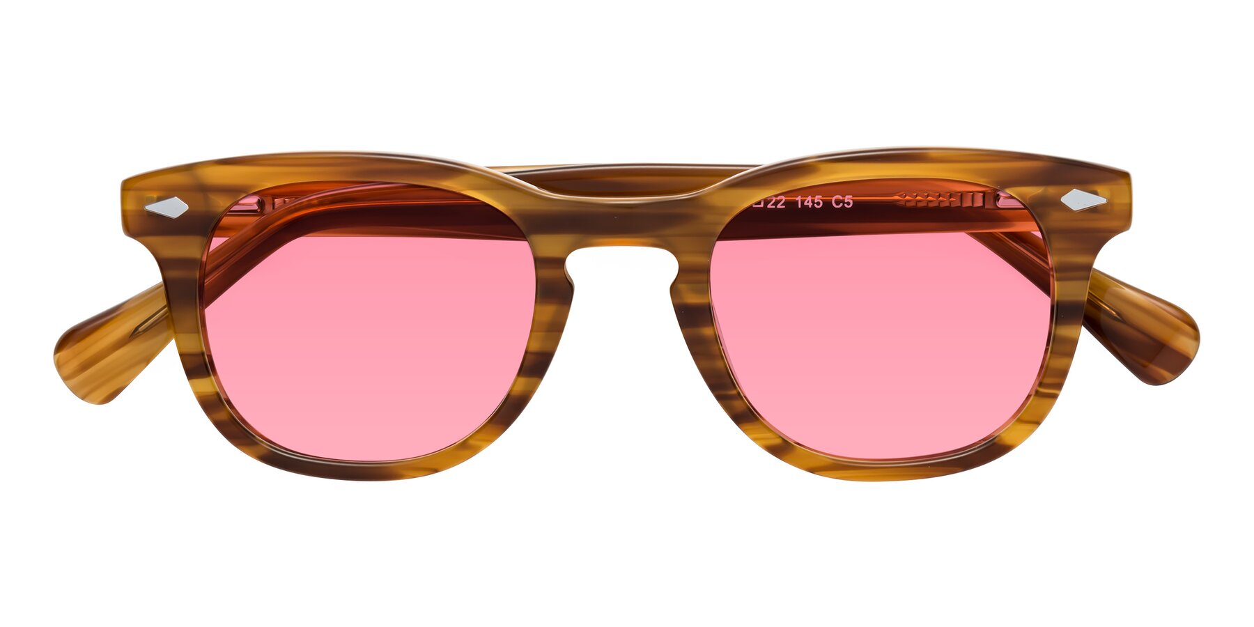 Folded Front of Tanna in Amber Striped with Pink Tinted Lenses