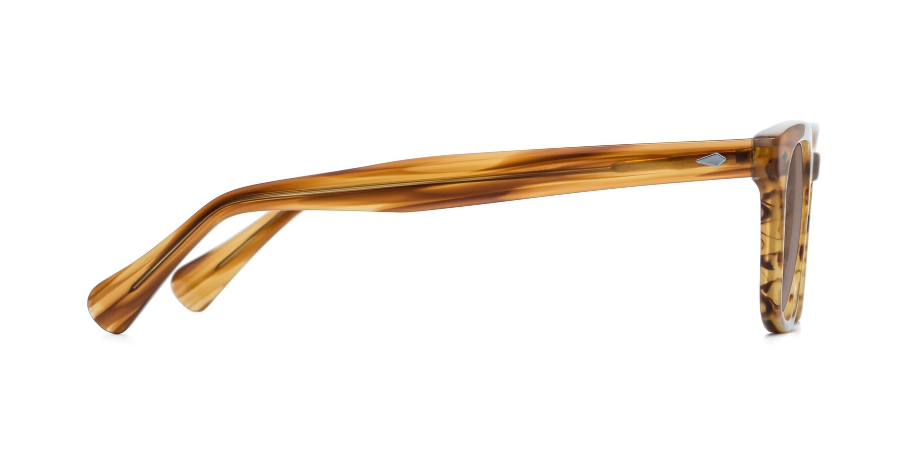 Side of Tanna in Amber Striped with Medium Brown Tinted Lenses