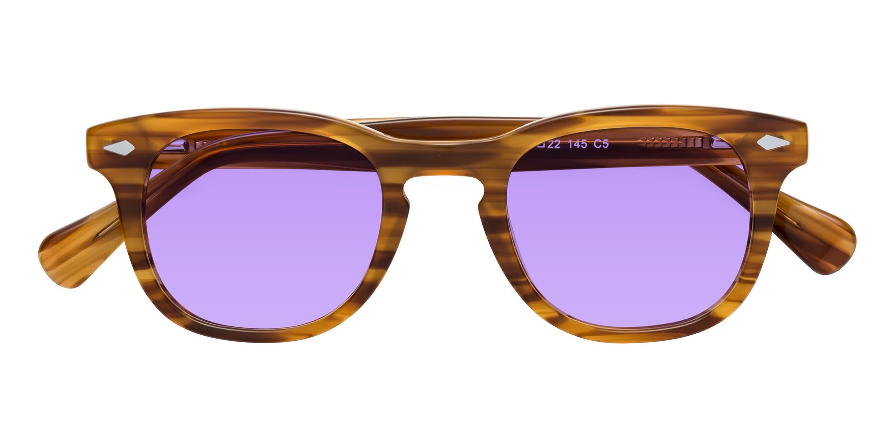 Folded Front of Tanna in Amber Striped with Medium Purple Tinted Lenses