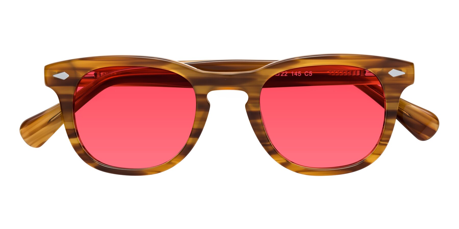 Folded Front of Tanna in Amber Striped with Red Tinted Lenses