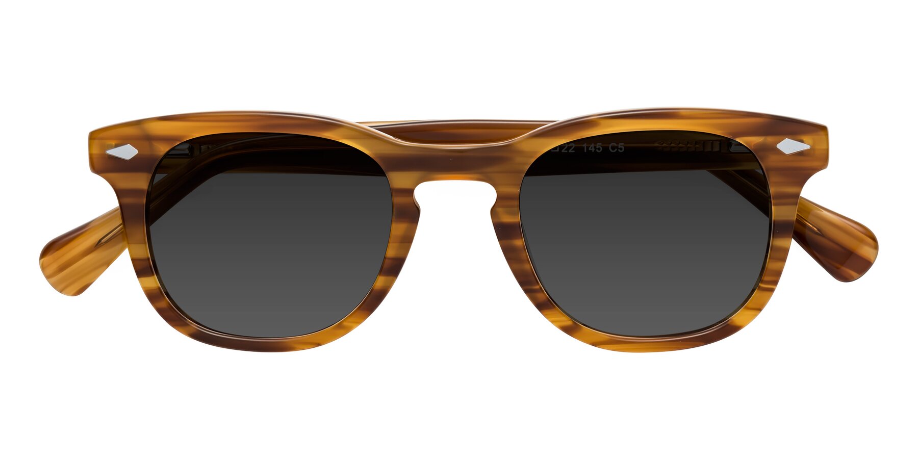 Folded Front of Tanna in Amber Striped with Gray Tinted Lenses