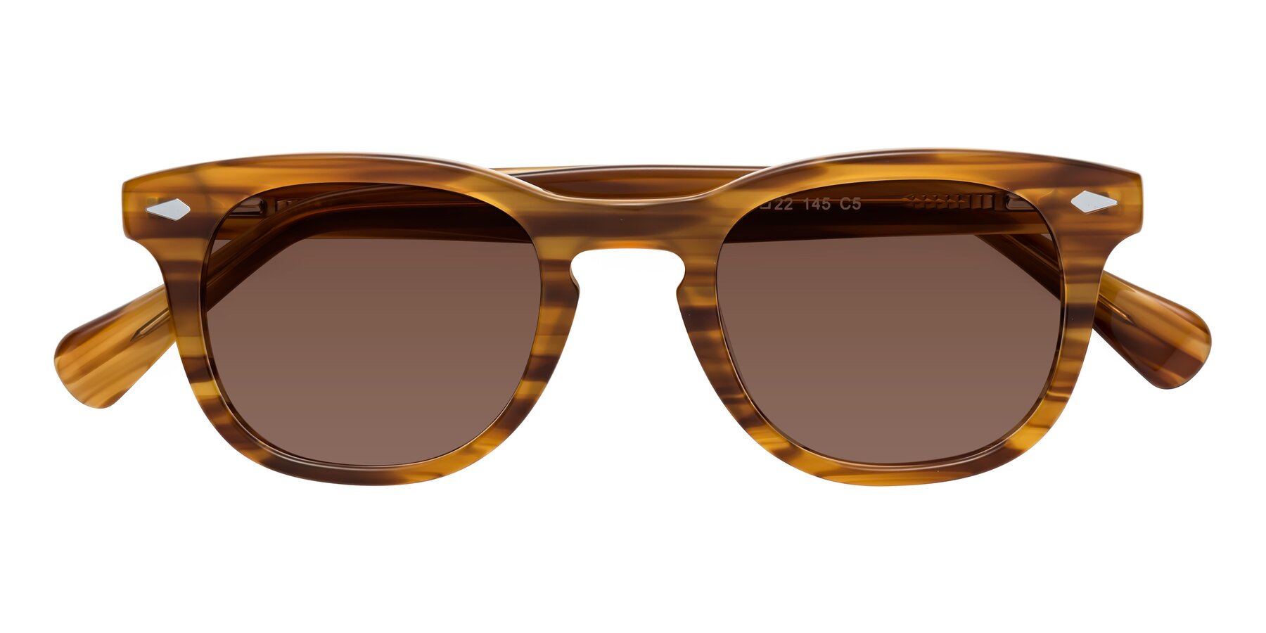 Folded Front of Tanna in Amber Striped with Brown Tinted Lenses