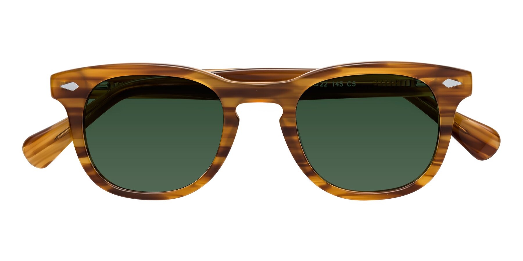 Folded Front of Tanna in Amber Striped with Green Tinted Lenses