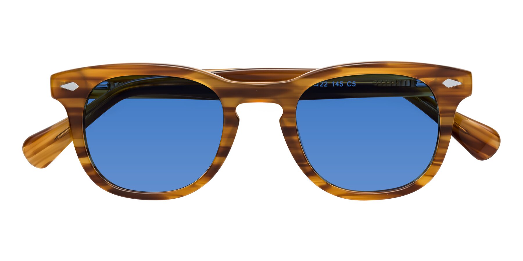 Folded Front of Tanna in Amber Striped with Blue Tinted Lenses