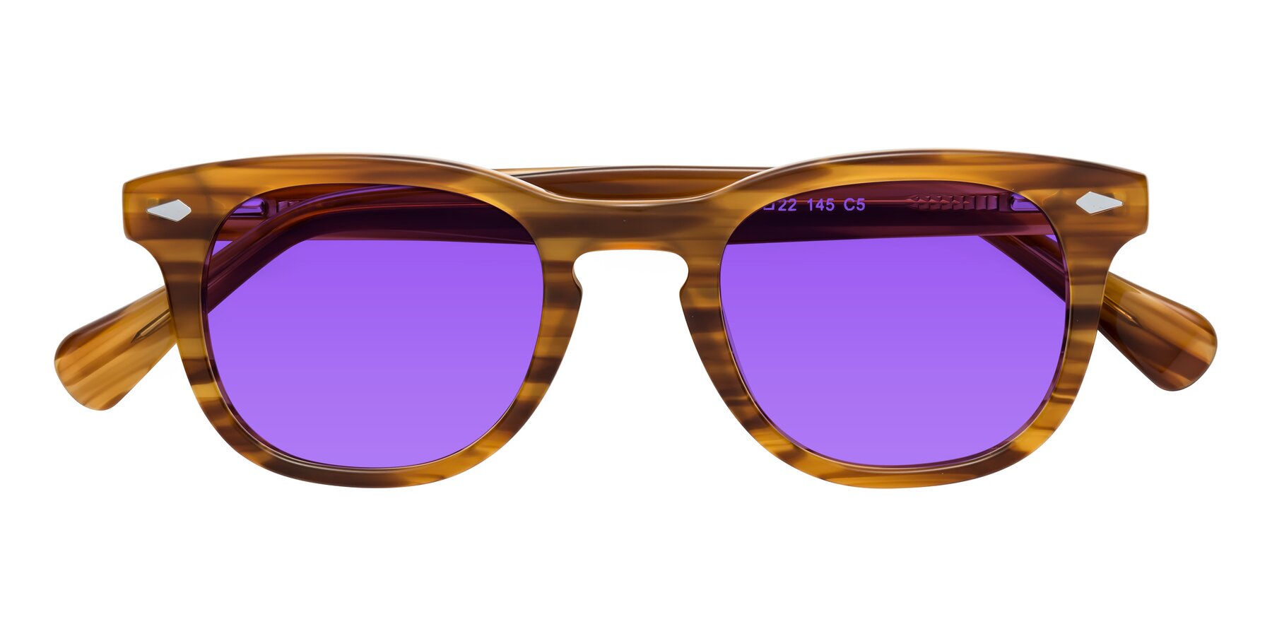 Folded Front of Tanna in Amber Striped with Purple Tinted Lenses
