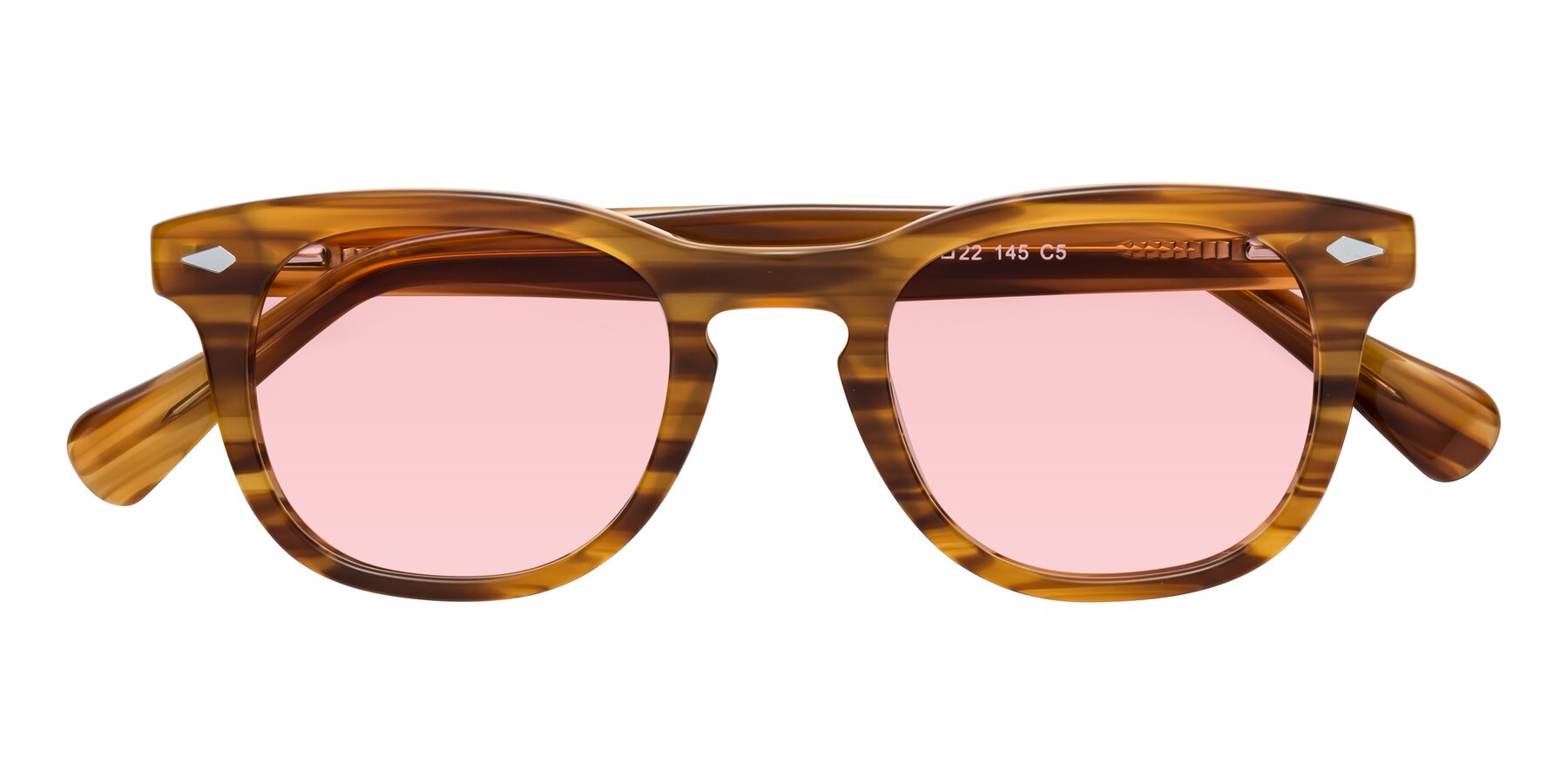 Folded Front of Tanna in Amber Striped with Light Garnet Tinted Lenses