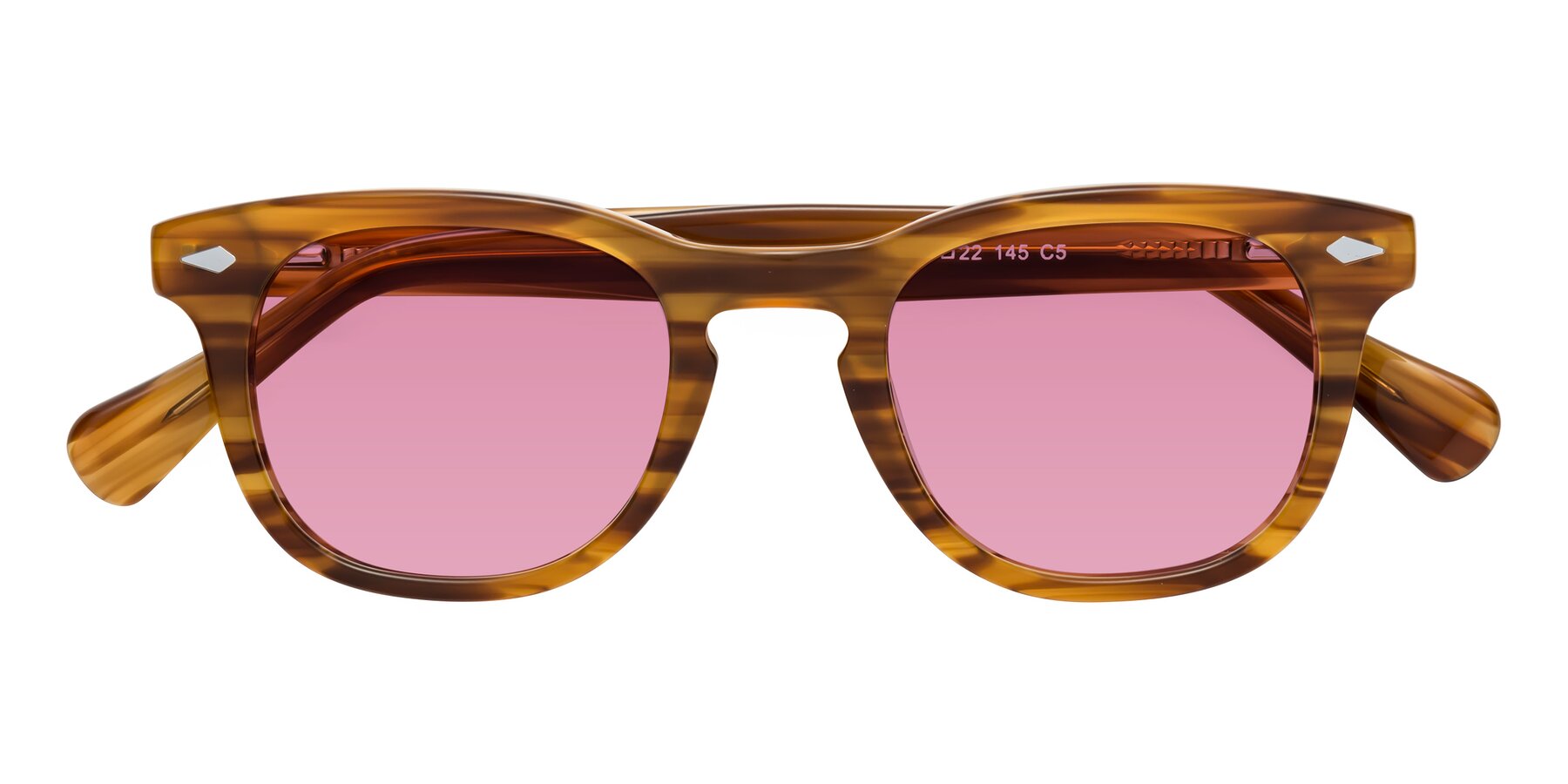 Folded Front of Tanna in Amber Striped with Medium Wine Tinted Lenses